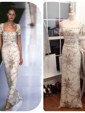 Badgley Mischka Ivory Beaded Square Neck Maxi Dress